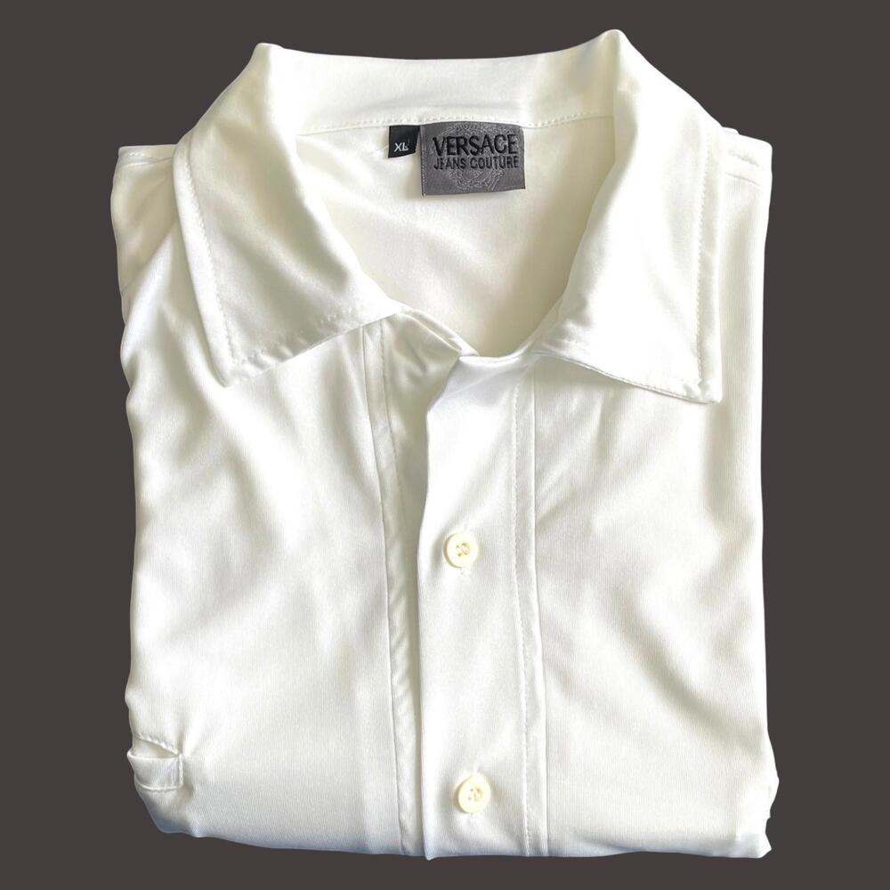 Gianni Versace Logo Tape Shirt Mens XL White Button Up Designer Luxury CLEAN